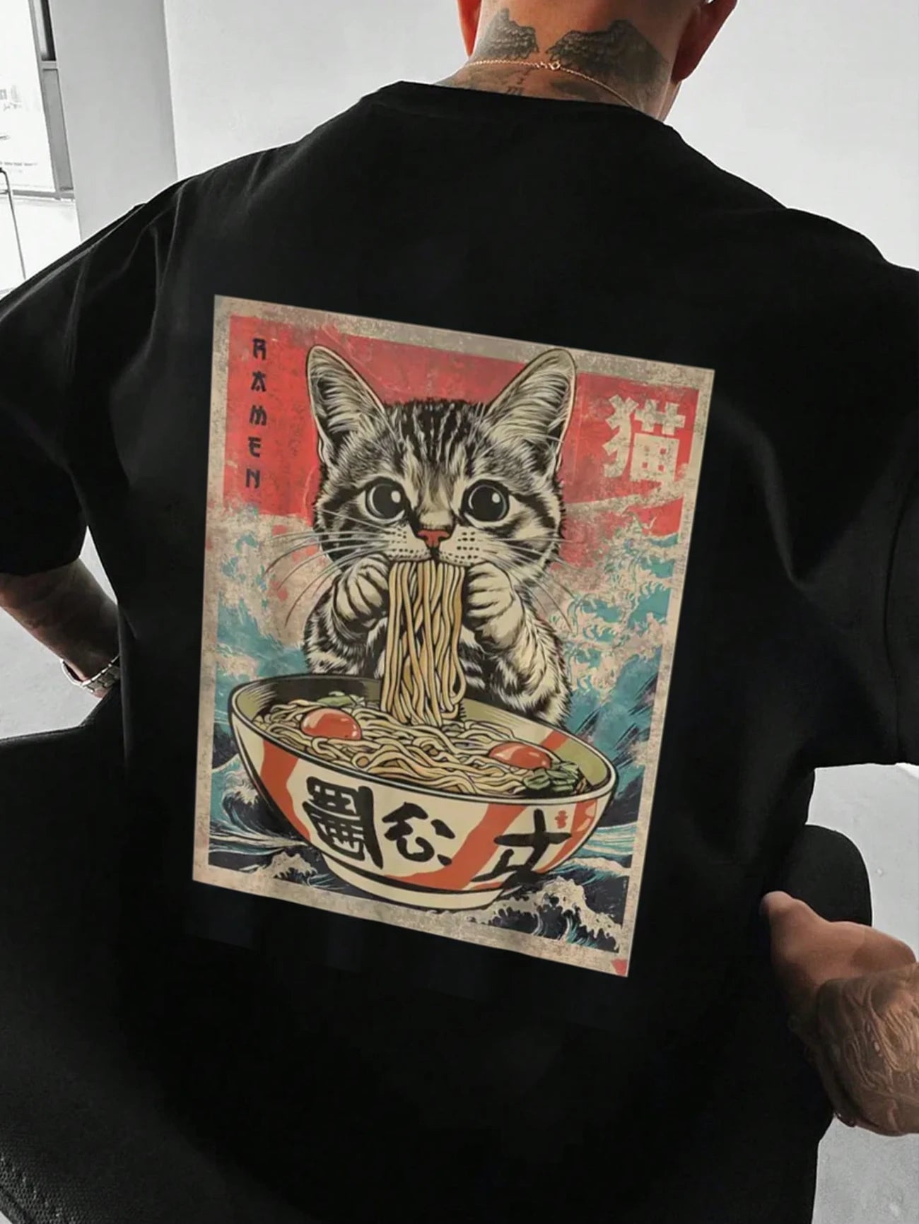 Teekat™ – T-shirt Oversize con Stampa Gatto e Ramen