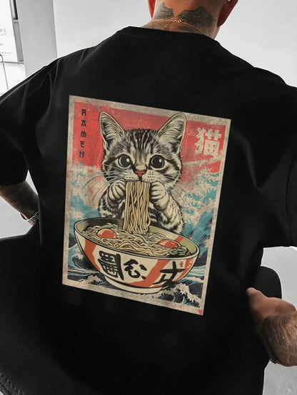 Teekat™ – T-shirt Oversize con Stampa Gatto e Ramen
