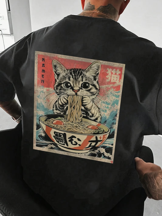 Teekat™ – T-shirt Oversize con Stampa Gatto e Ramen
